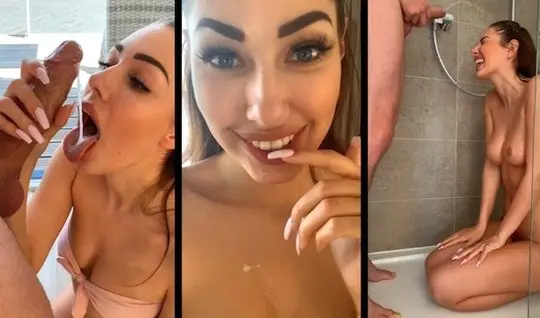 The guy pours the blowjob girl with water from the shower and gives her cheek close-up