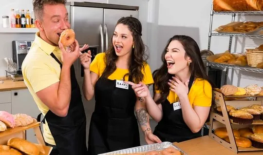 Tattooed brunettes in the kitchen sucked the chefs big cock